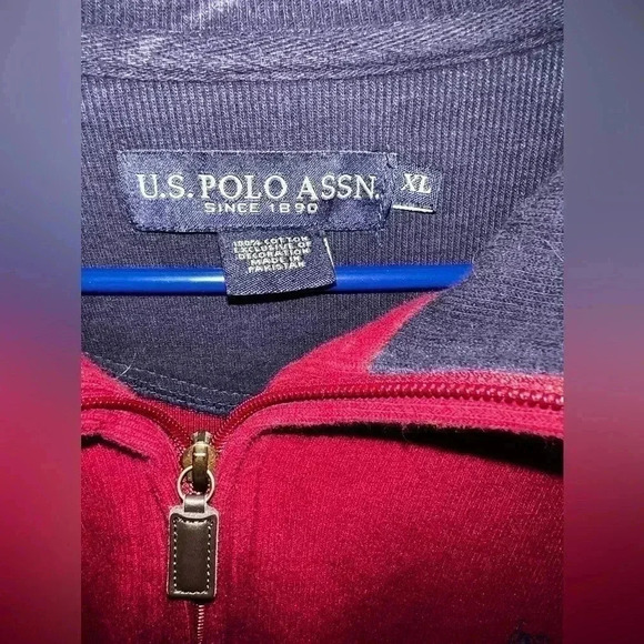 Mens XL us polo assn. burgundy 1/4 zip sweater 100% cotton - Picture 2 of 4